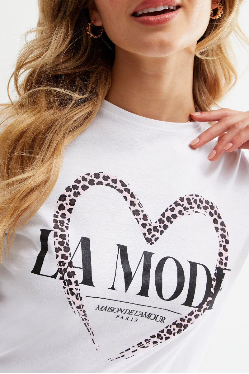 Famous Store White Leopard Print LA Mode Heart Logo T-Shirt