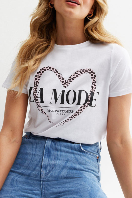 Famous Store White Leopard Print LA Mode Heart Logo T-Shirt