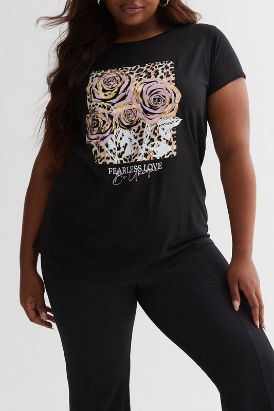 Famous Store Curves Black Metallic Leopard Rose Print Logo T-Shirt