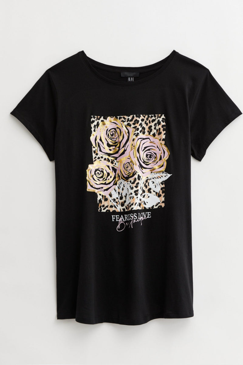 Famous Store Curves Black Metallic Leopard Rose Print Logo T-Shirt