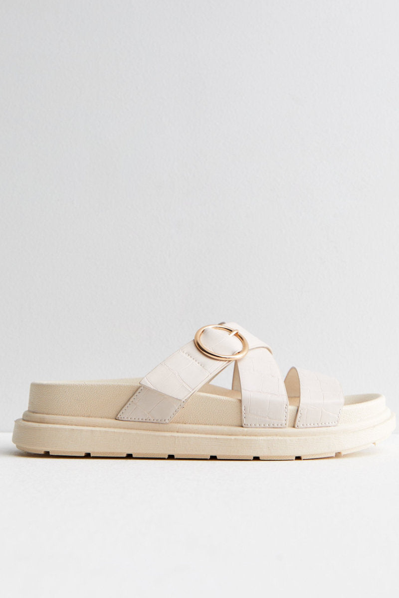 Famous Store Faux Croc Buckle Chunky Sliders Off White