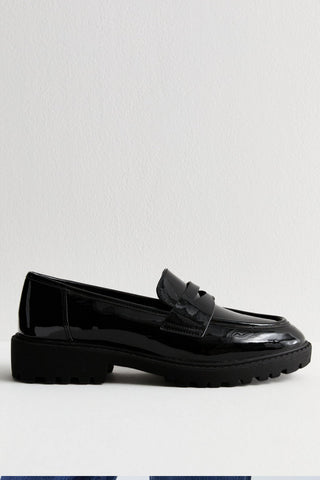 Ex New Look Black Penny Strap Patent Loafers