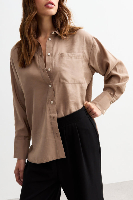 Ex New Look Textured Long Sleeve Pocket Shirt Camel