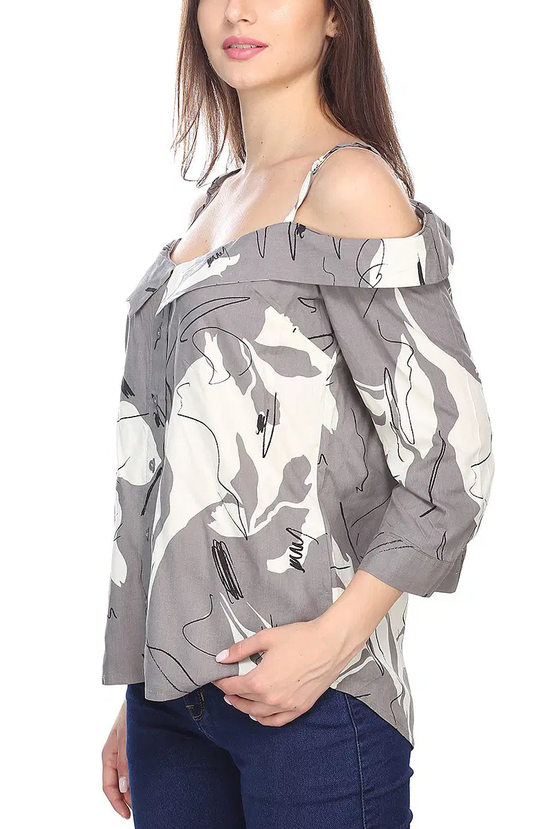 Famous Store Off Shoulder Detail Grey Abstract Printed Strappy Top