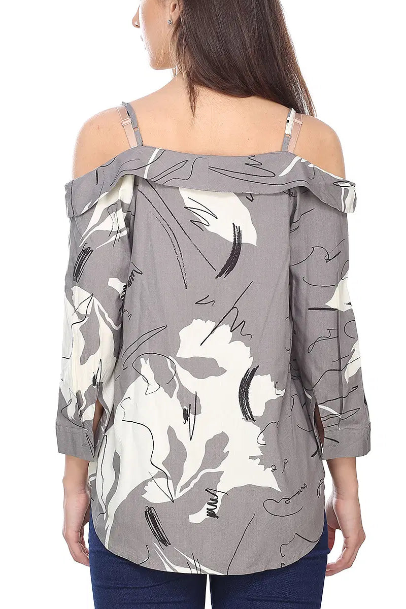 Famous Store Off Shoulder Detail Grey Abstract Printed Strappy Top