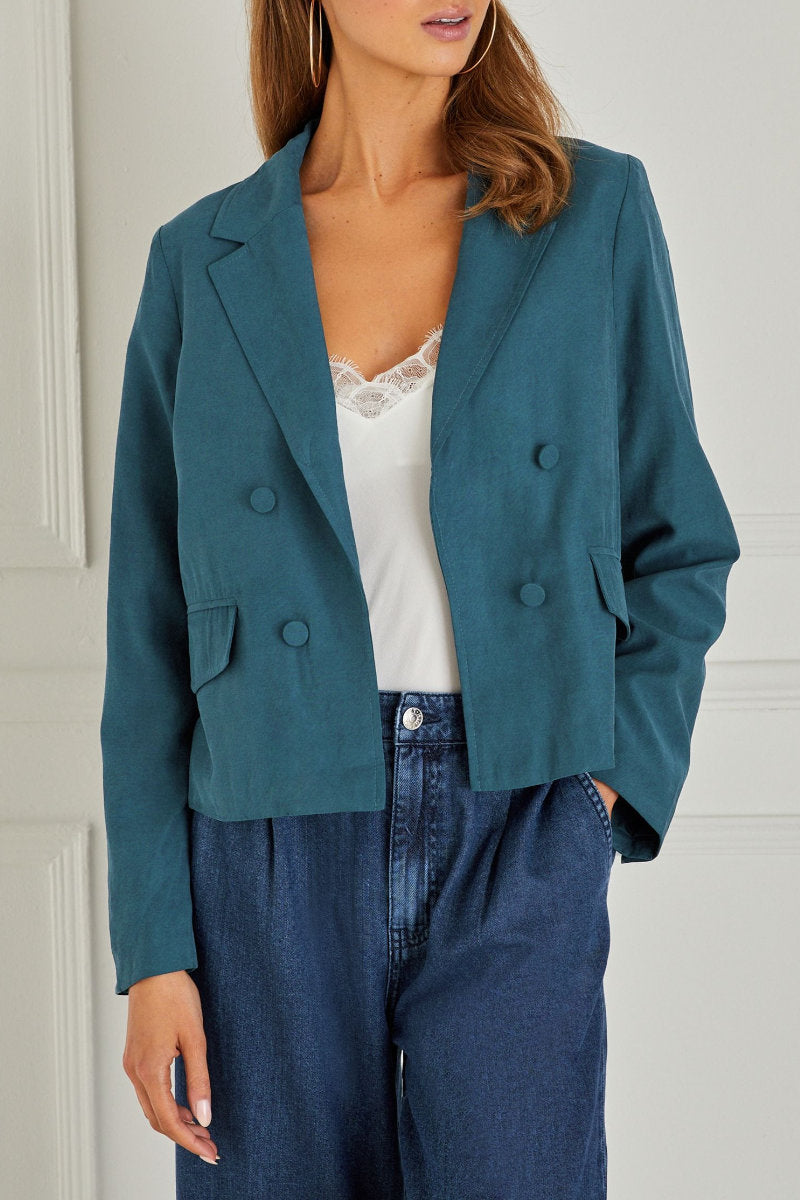 Famous Store Cropped Double Breasted Relaxed Fit Blazer Teal