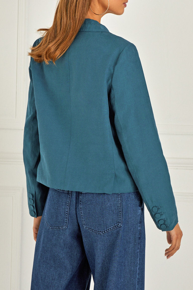 Famous Store Cropped Double Breasted Relaxed Fit Blazer Teal