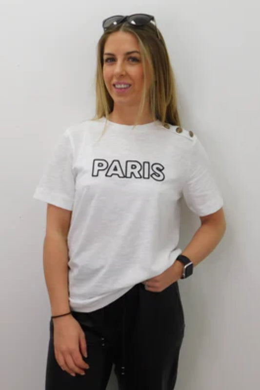 White Paris Logo Shoulder Button T-Shirt