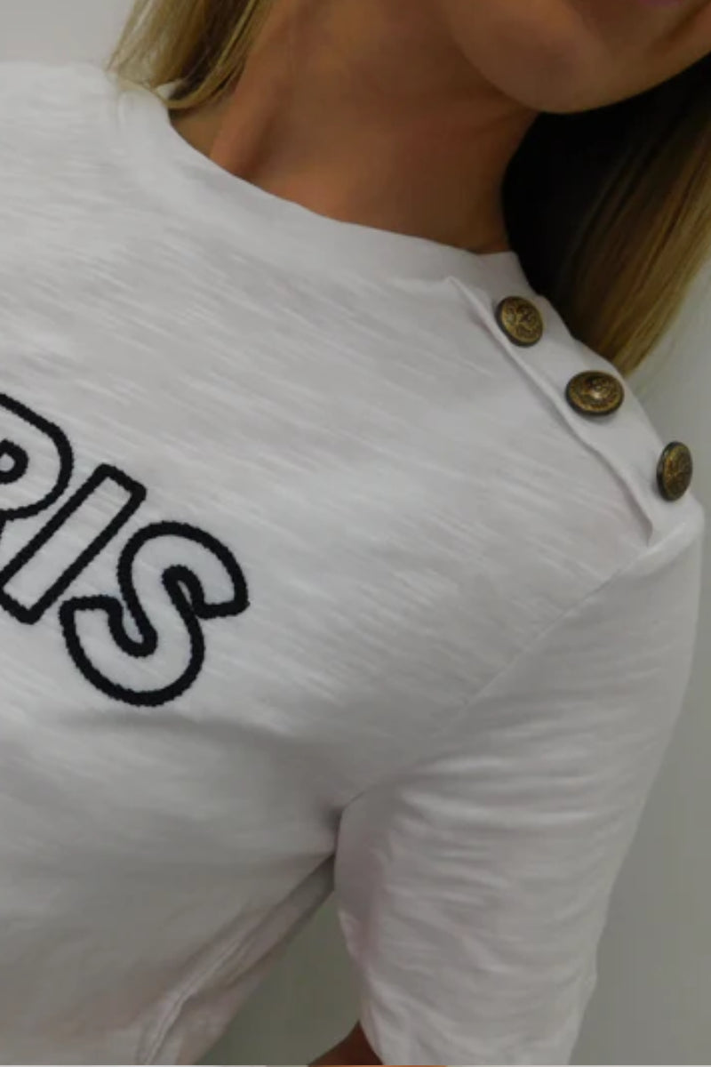 White Paris Logo Shoulder Button T-Shirt