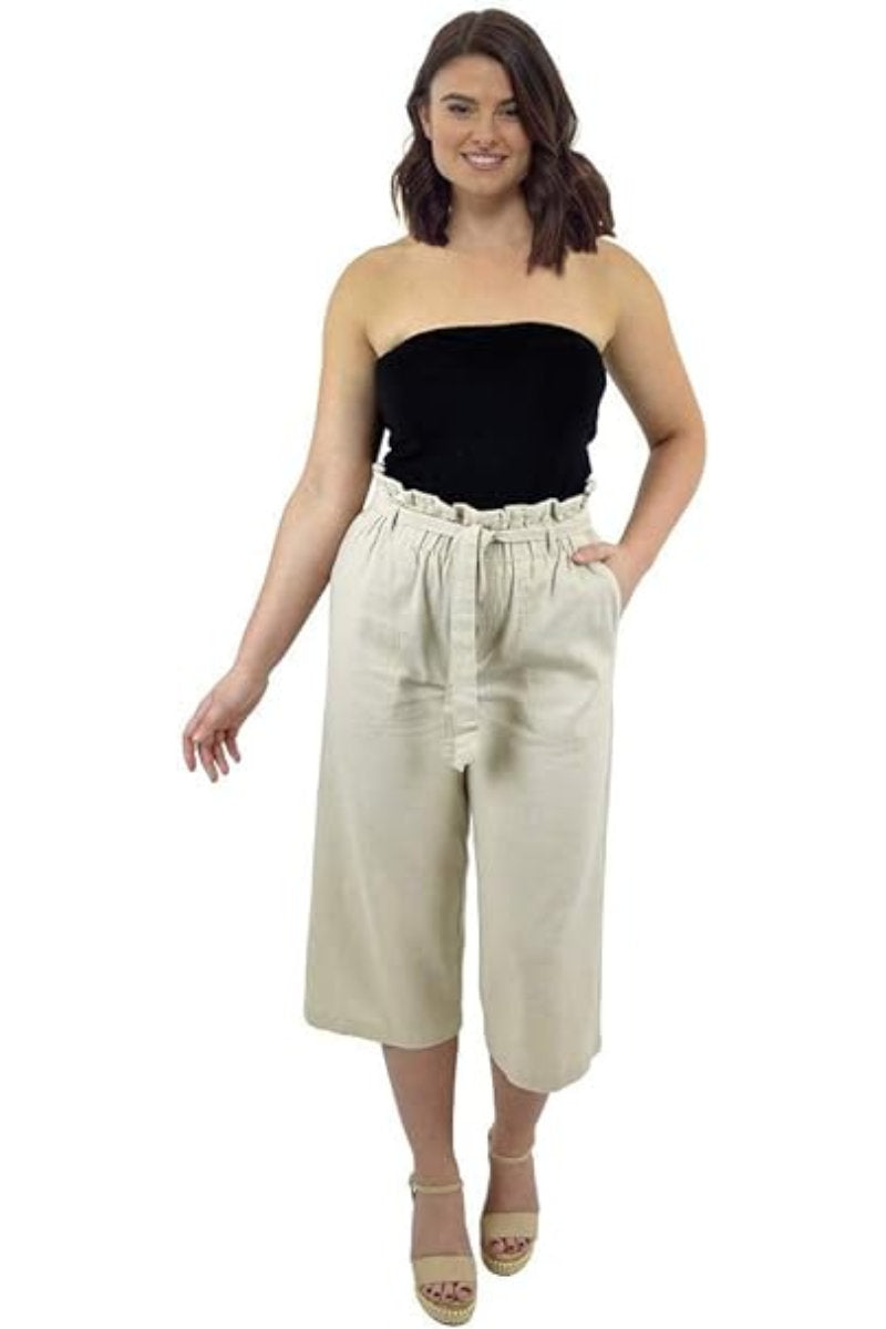 Ladies Paper Bag Waist 3/4 Cropped Summer Trouser Stone