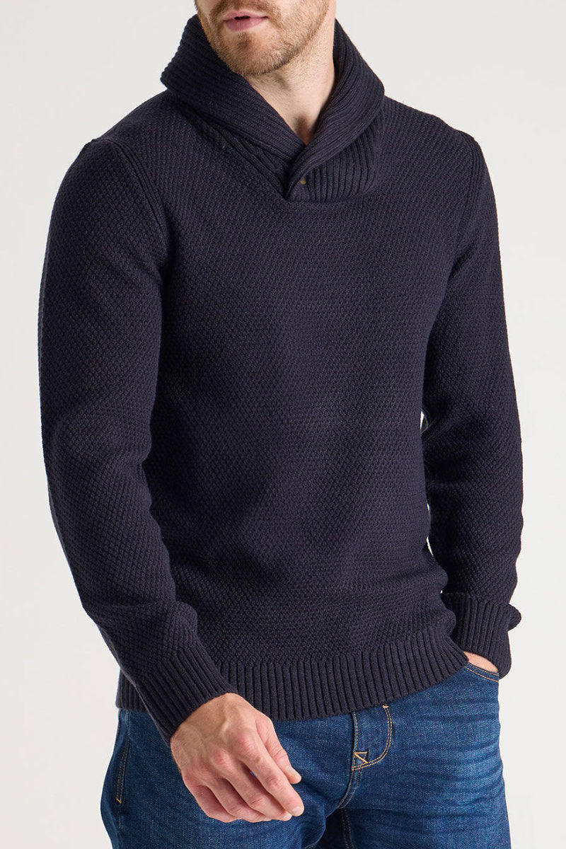 Mens Navy Plain Knitted Shawl Neck Jumper