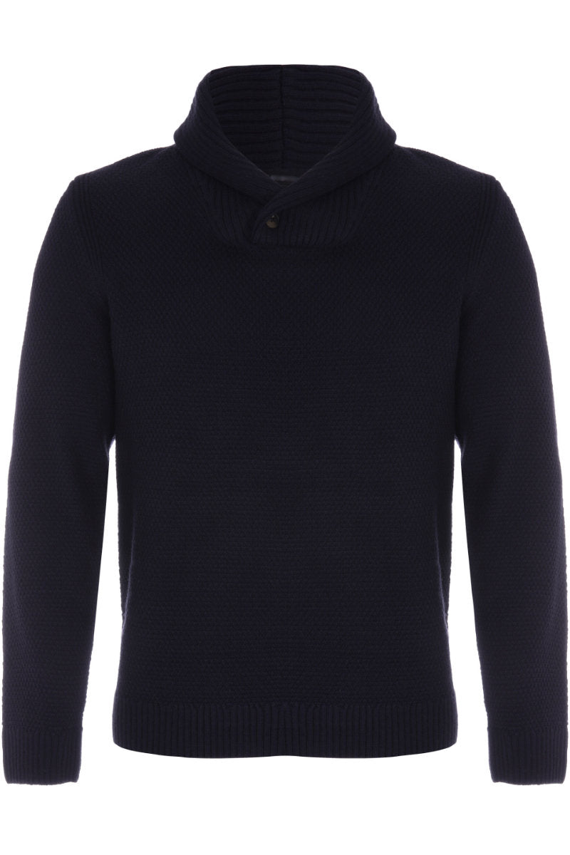 Mens Navy Plain Knitted Shawl Neck Jumper