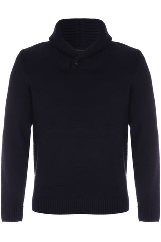 Mens Navy Plain Knitted Shawl Neck Jumper