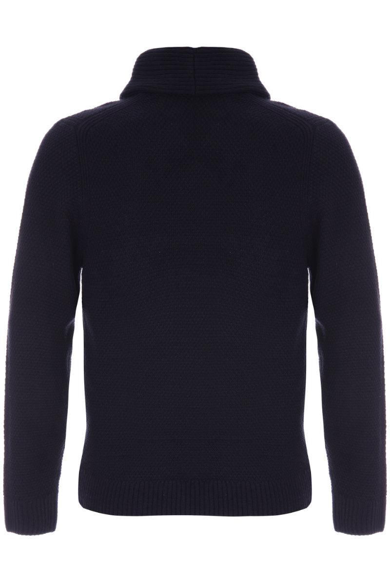 Mens Navy Plain Knitted Shawl Neck Jumper