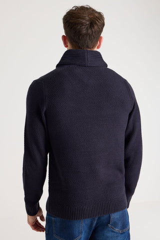 Mens Navy Plain Knitted Shawl Neck Jumper