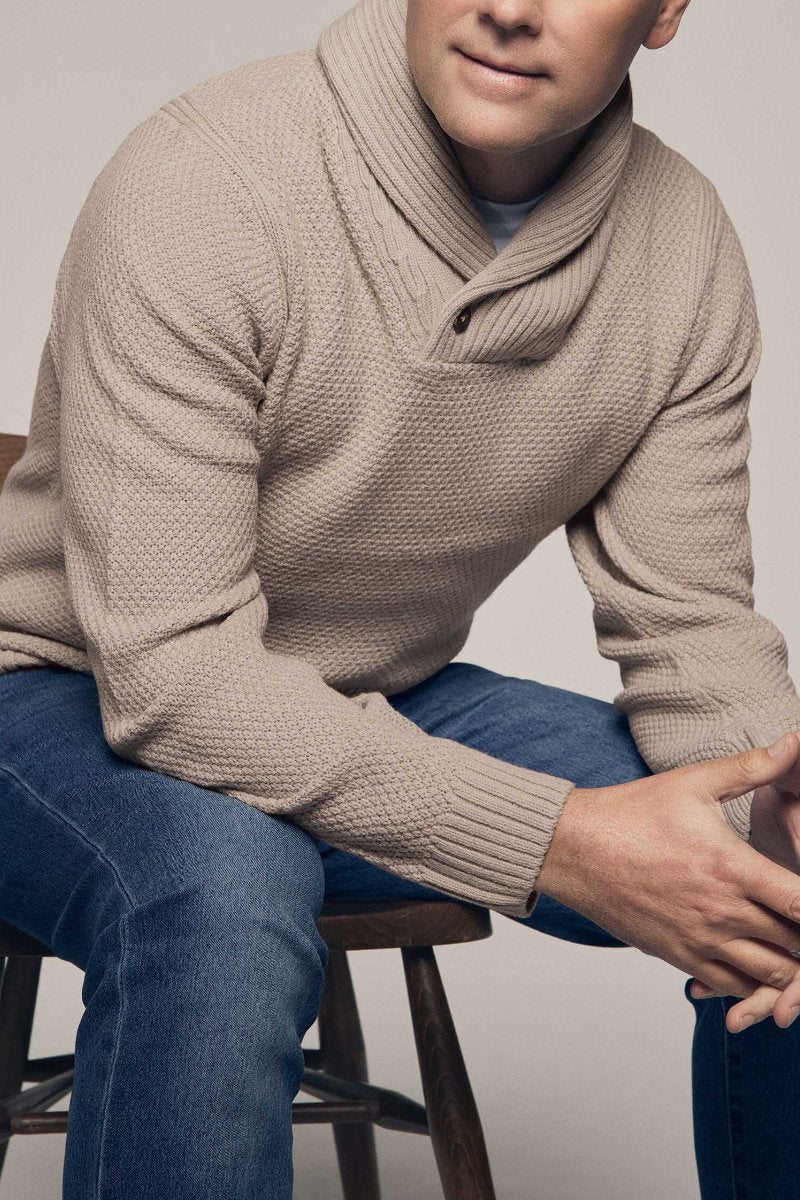 Mens Natural Plain Knitted Shawl Neck Jumper