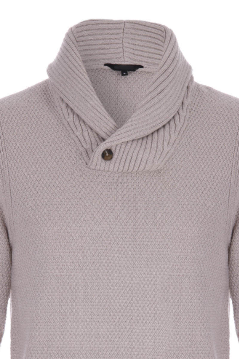 Mens Natural Plain Knitted Shawl Neck Jumper