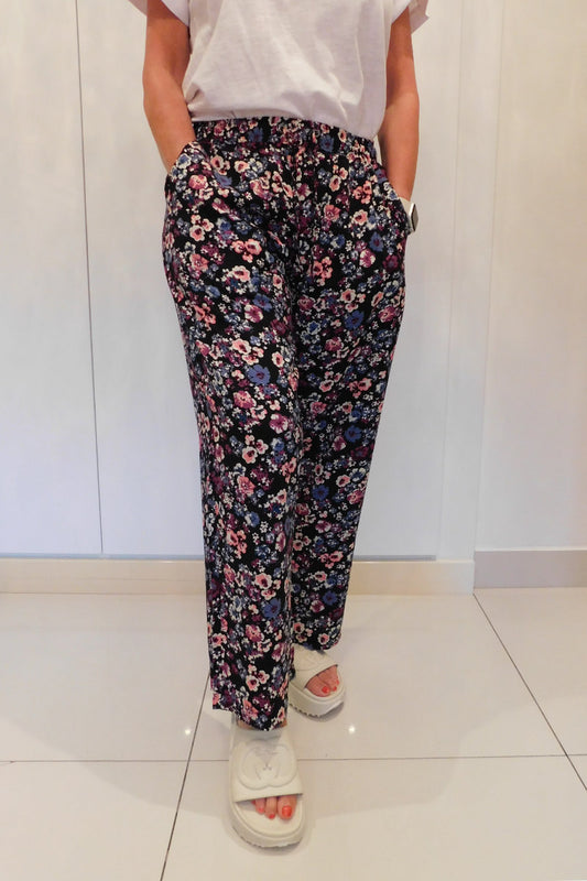 Famous Store Ladies Linen Blend Wide Leg Trousers Pink Floral