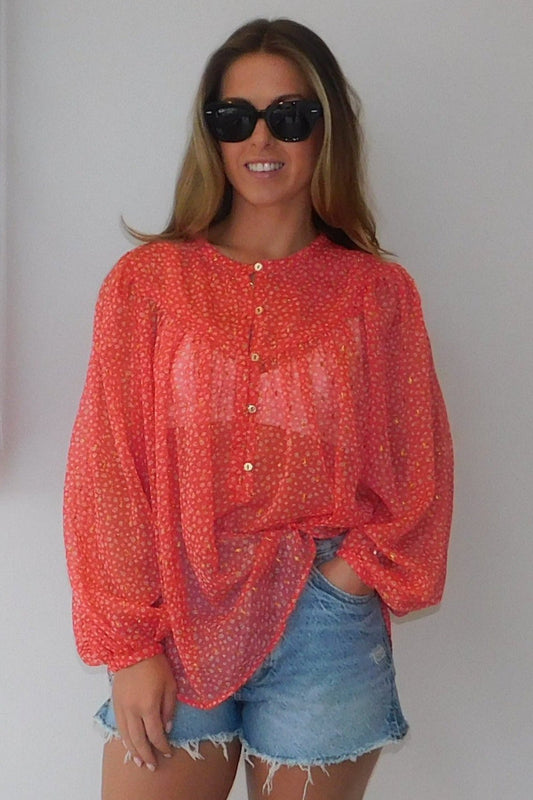 Famous Store Red & Gold Sheer Blouse