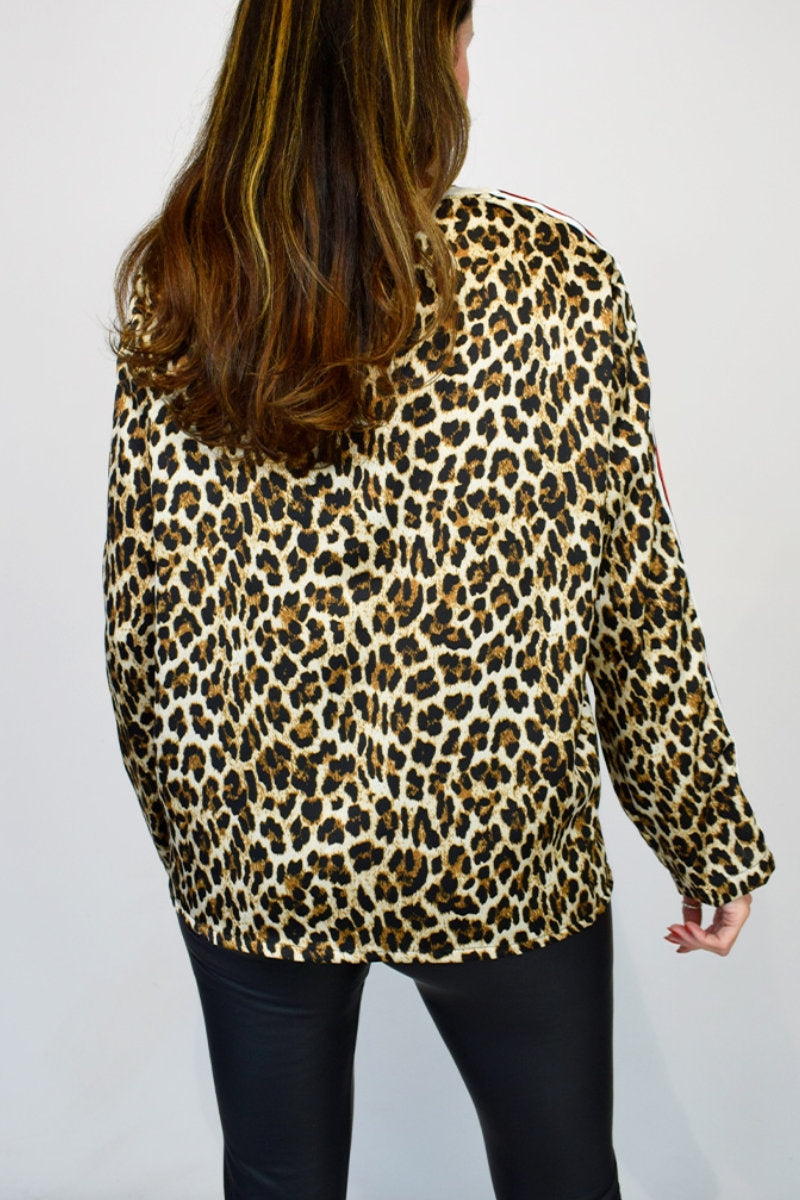 Ladies Animal Print Crew Neck Top with Accented Red Arms