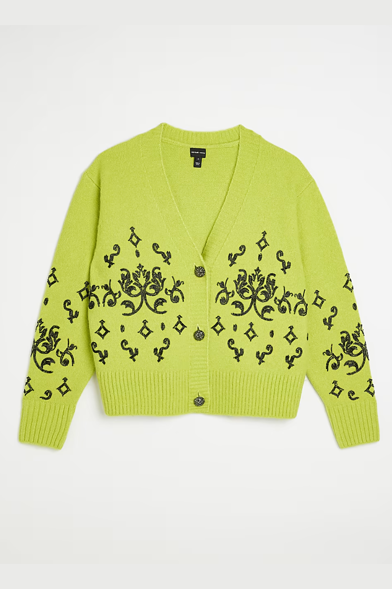 Famous Store Beaded Button Through Cardigan Green