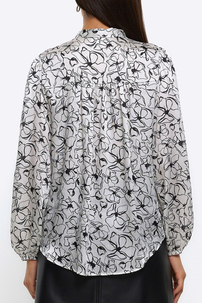 Famous Store White Floral Pussy Bow Long Sleeve Blouse