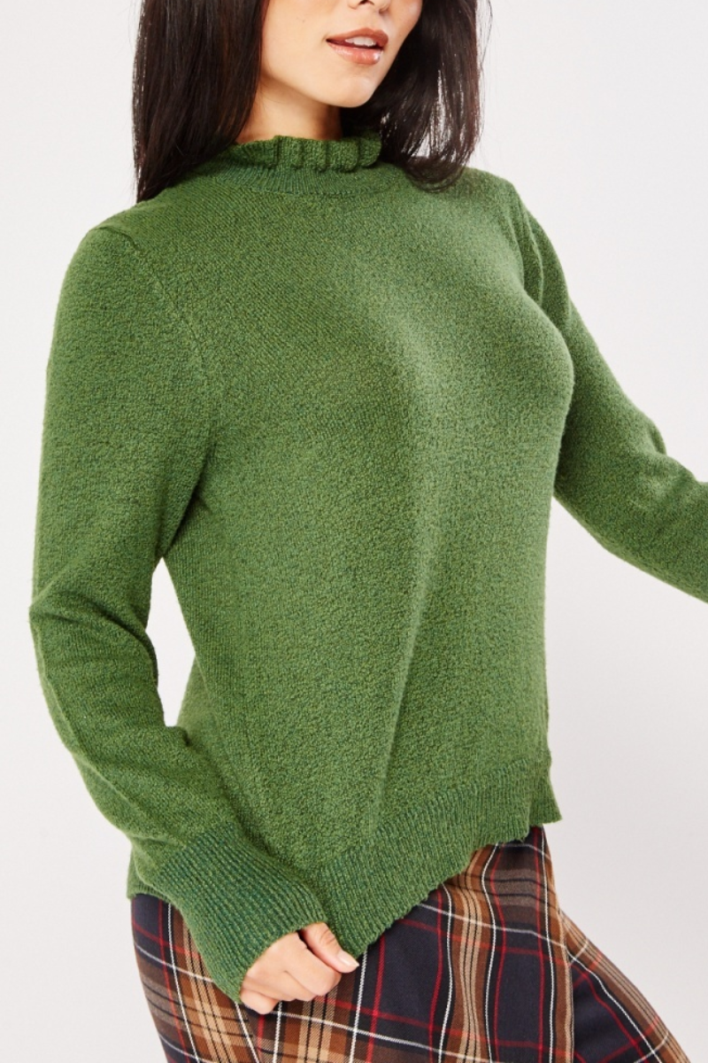 Ladies Ruched High Neck Knit Top Green