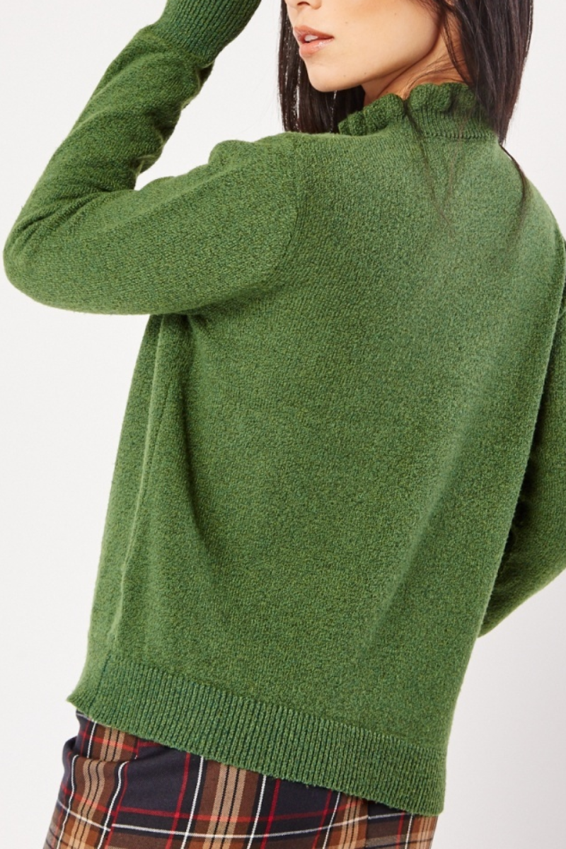 Ladies Ruched High Neck Knit Top Green