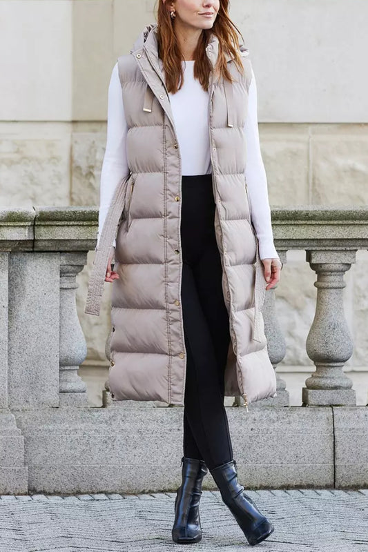 Threadbare 'Robbie' Quilted Longline Hooded Gilet With Tie Waist Taupe