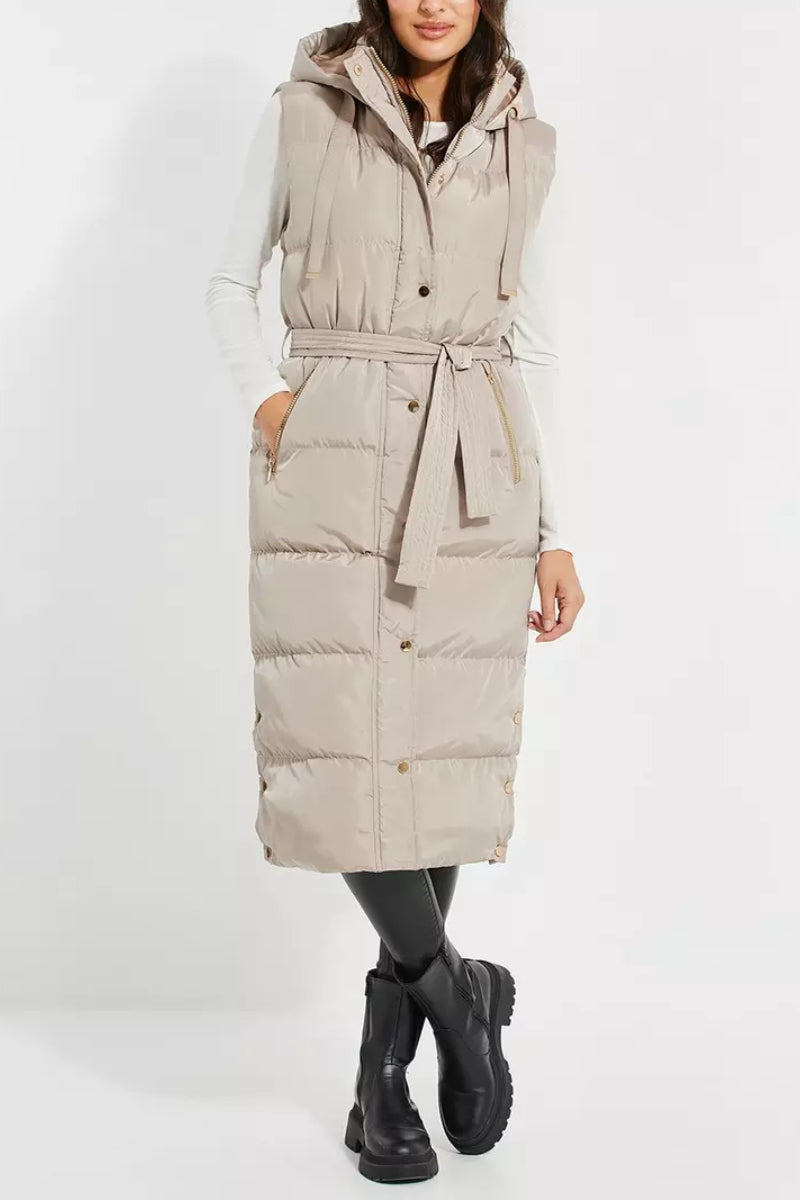Threadbare 'Robbie' Quilted Longline Hooded Gilet With Tie Waist Taupe