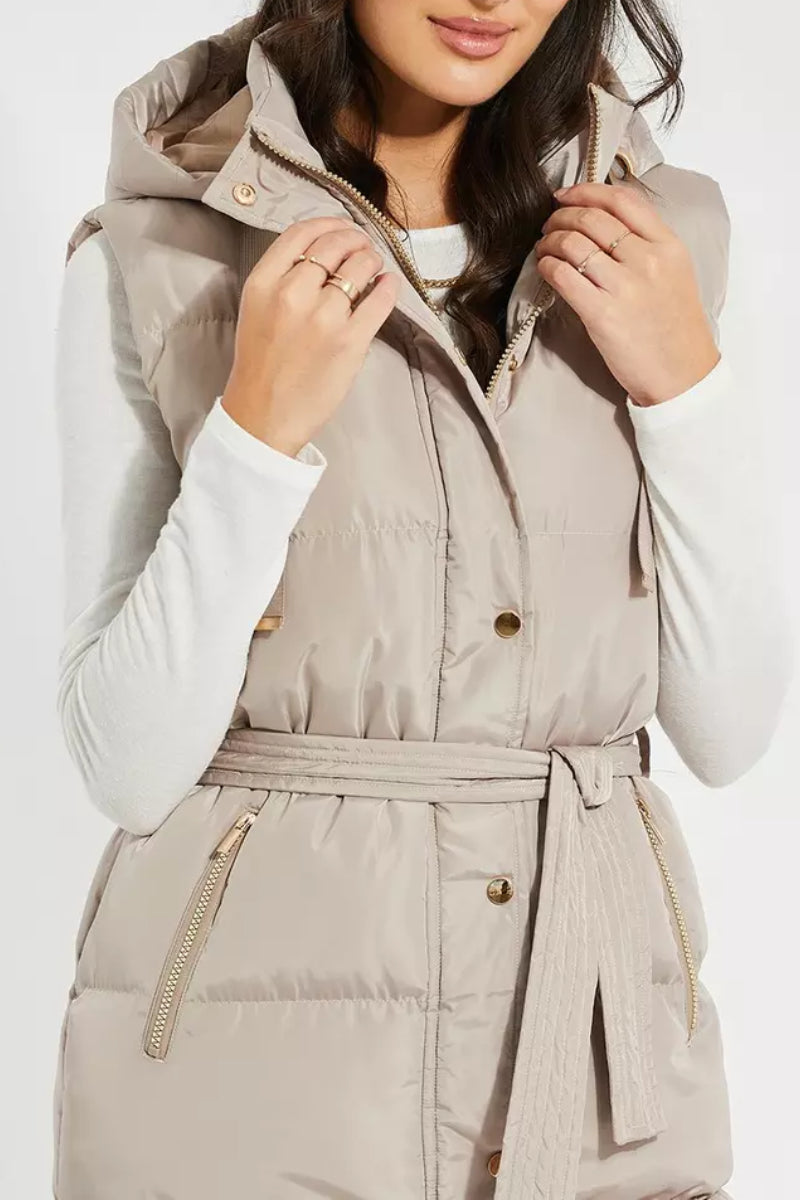 Threadbare 'Robbie' Quilted Longline Hooded Gilet With Tie Waist Taupe