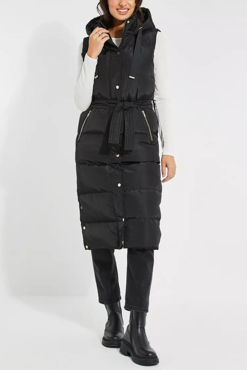 Threadbare 'Robbie' Quilted Longline Hooded Gilet With Tie Waist Black