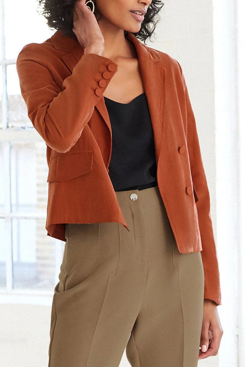 Famous Store Cropped Double Breasted Relaxed Fit Blazer Rust Brown