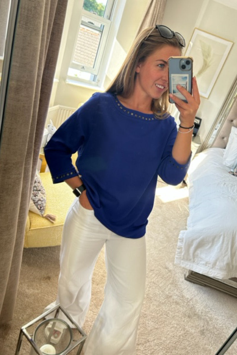 Famous Store Sapphire Blue 3/4 Sleeve Stretch Blouse Tunic Top