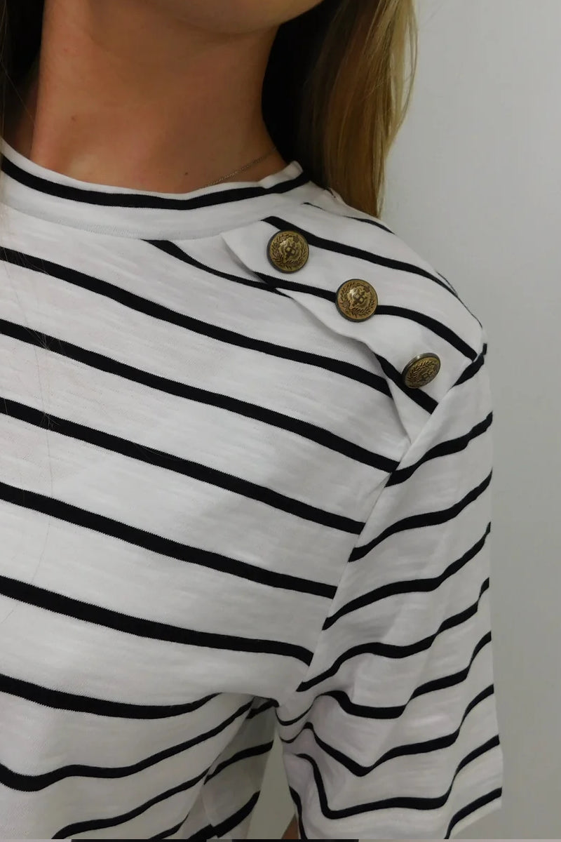 Ladies Striped T-Shirt Shoulder Button Detail