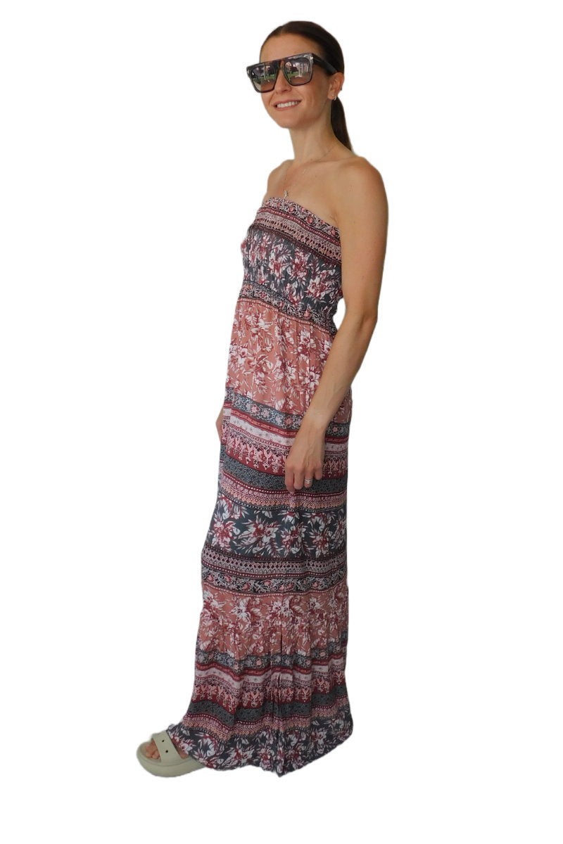 Famous Store Long Printed Shirred Dress