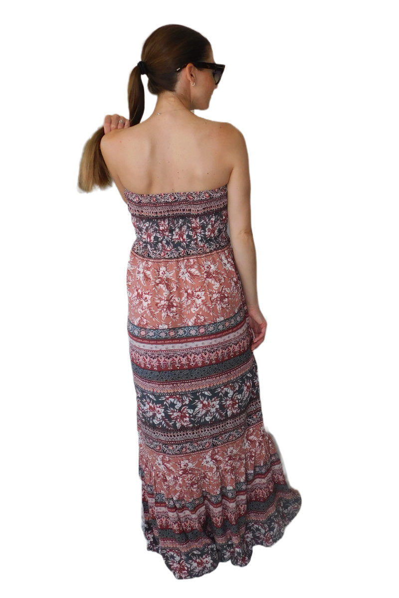 Famous Store Long Printed Shirred Dress