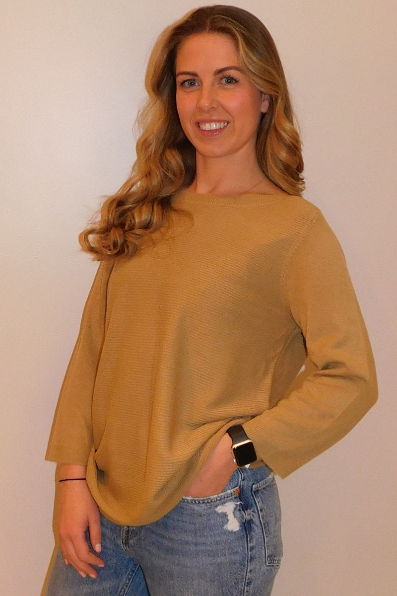 Famous Store 3/4 Sleeve Tan Jumper