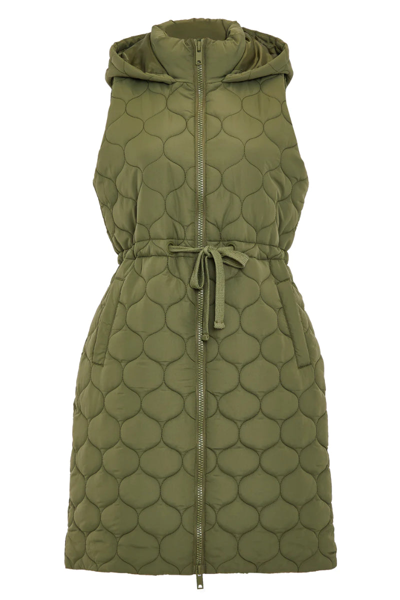 Threadbare Khaki Quilted Longline Hooded Gilet With Tie Waist