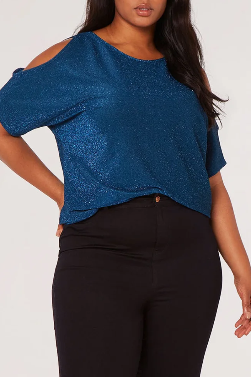 Ladies Plus Size Metallic Sparkle Cold Shoulder Top Teal