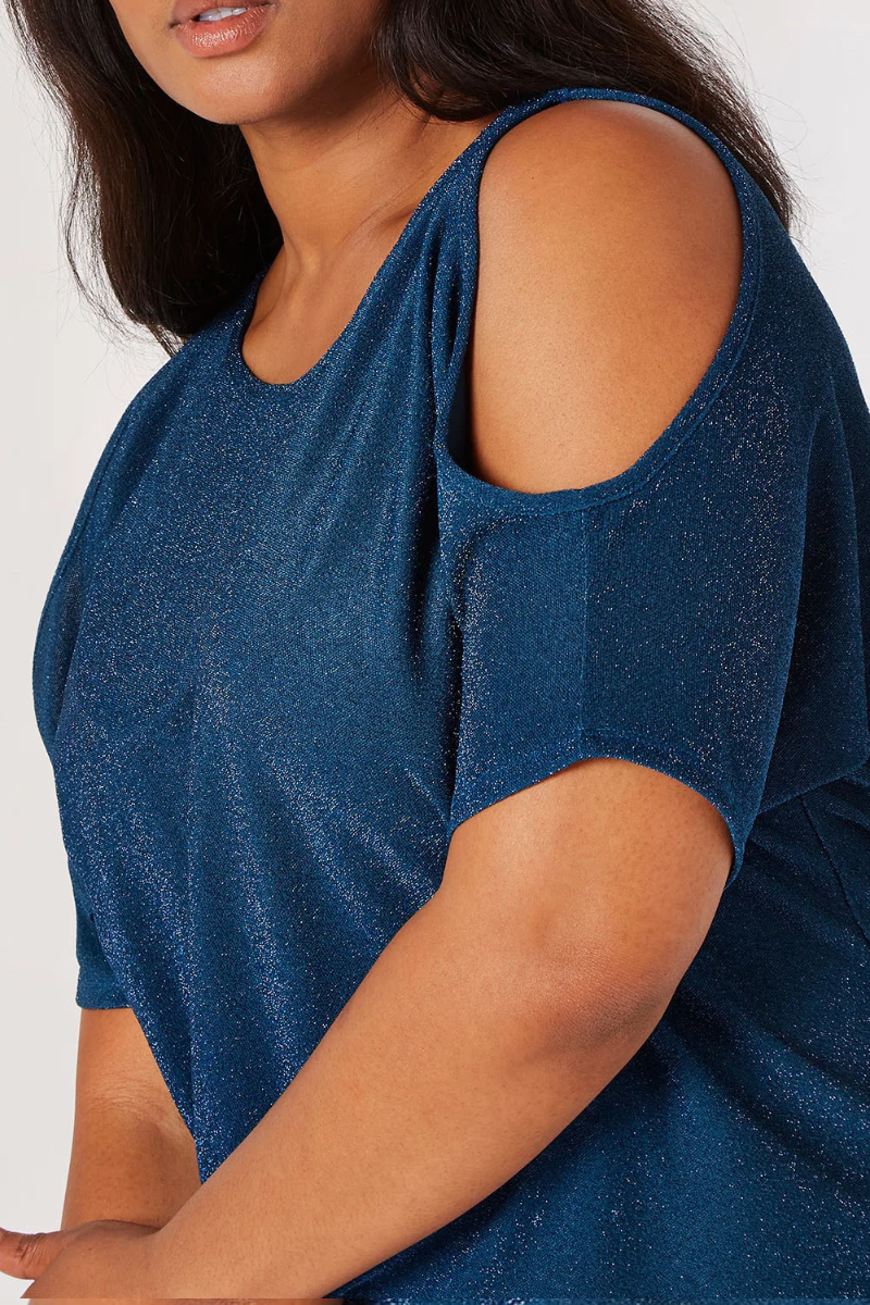 Ladies Plus Size Metallic Sparkle Cold Shoulder Top Teal
