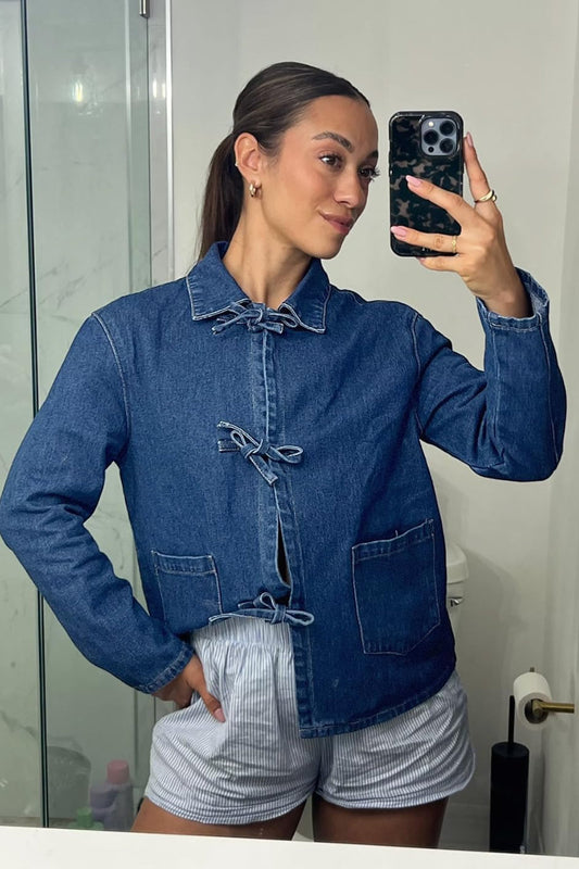 Ladies Tie Front Oversized Denim Shacket