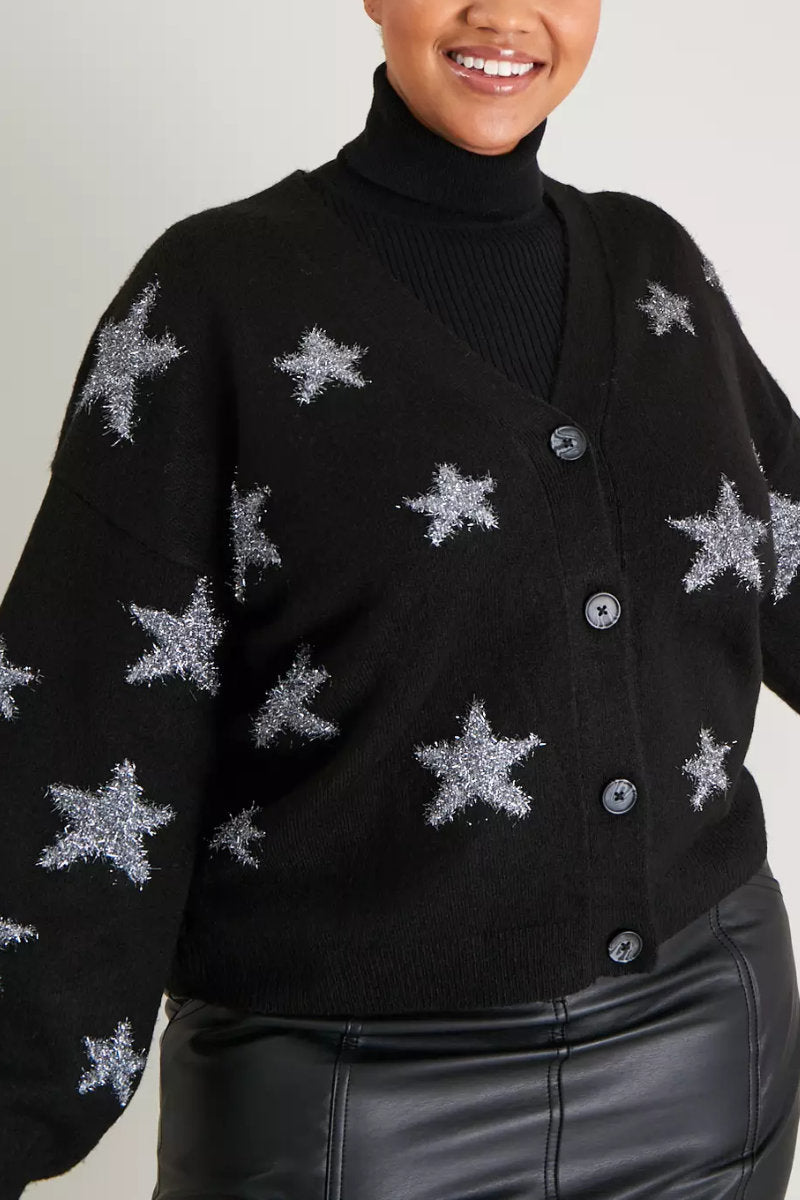Ladies Tinsel Star Pattern Knit Cardigan Black