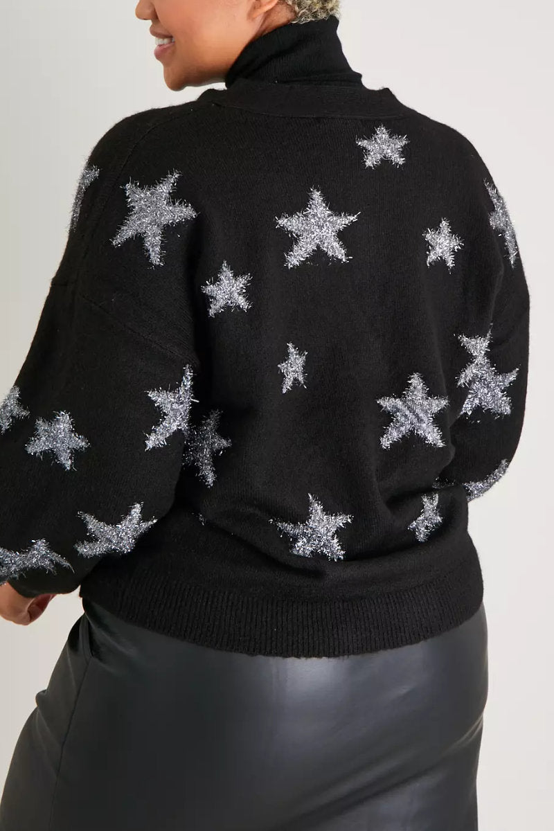 Ladies Tinsel Star Pattern Knit Cardigan Black