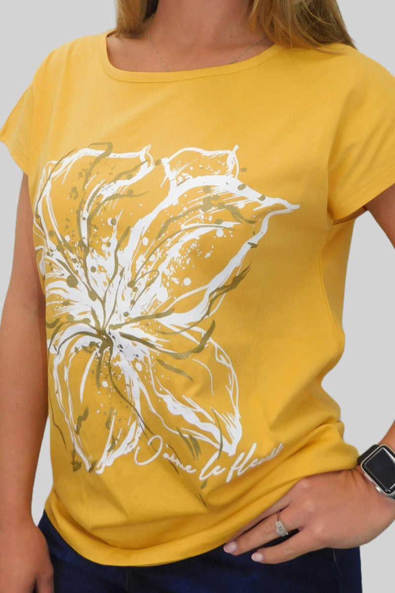 Ladies Vibrant Yellow Floral Tee with Inspirational Message