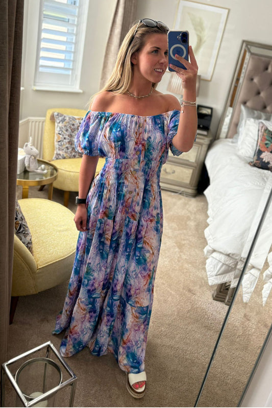 Watercolour Off-Shoulder Shirred Maxi Dress