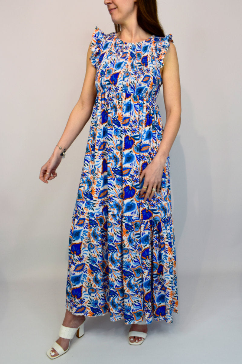 Abstract Blue Frill Sleeve Dress
