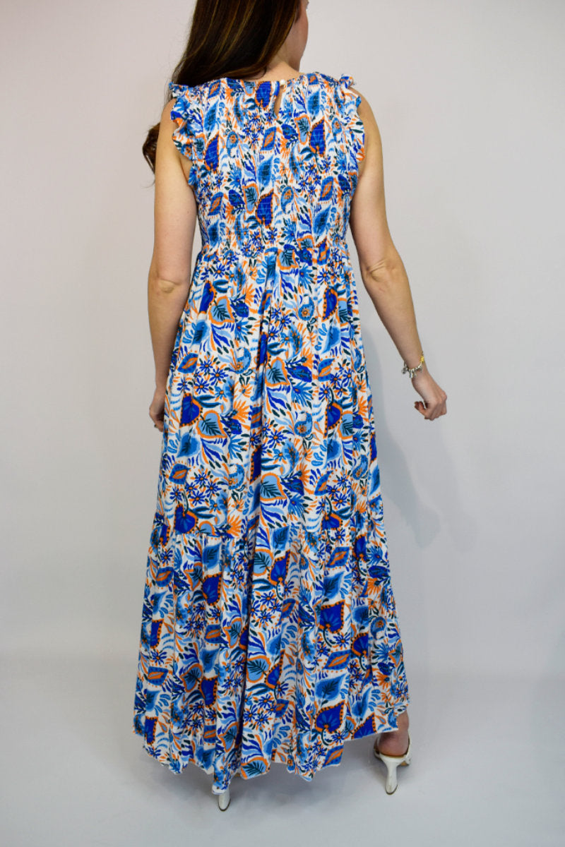 Abstract Blue Frill Sleeve Dress