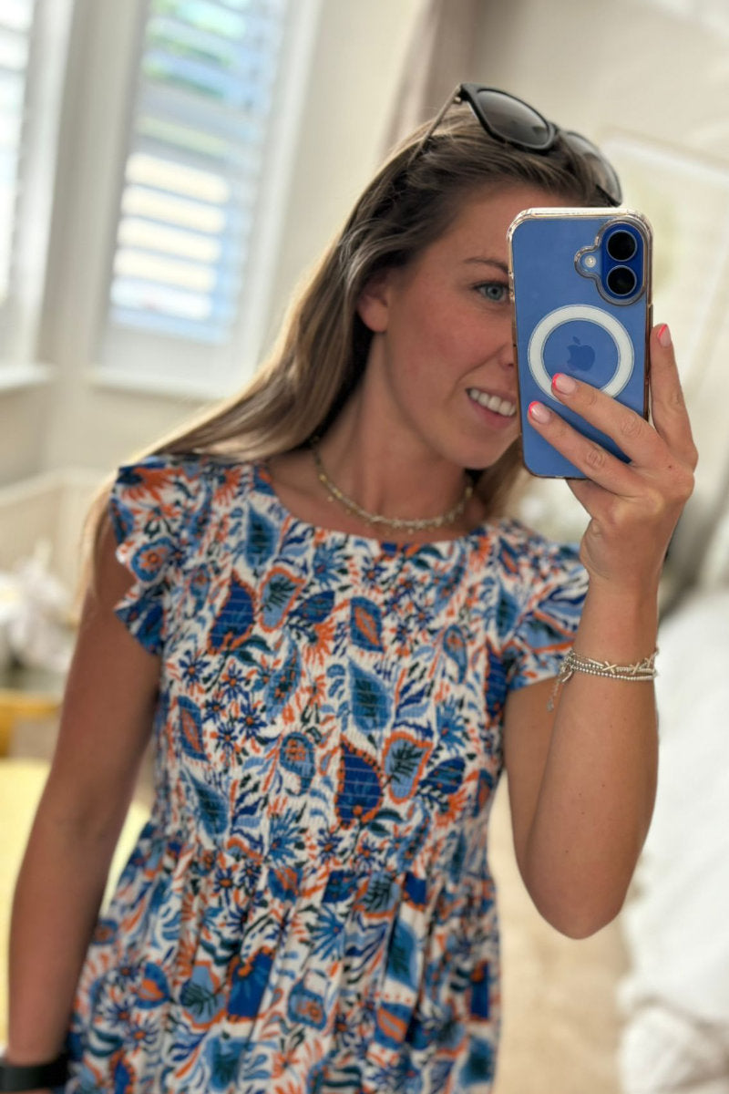 Abstract Blue Frill Sleeve Dress