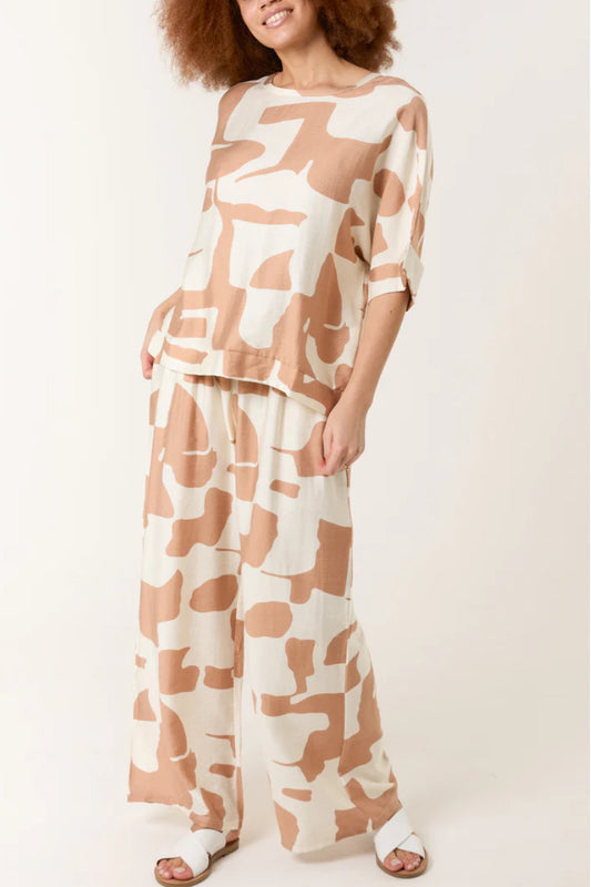 Abstract Print Top & Trouser Lounge Set in Camel